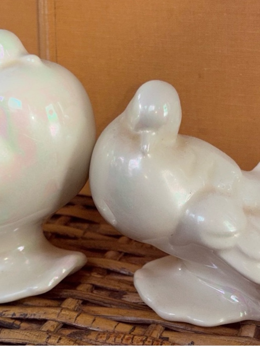 Iridescent Pearl White Ceramic Dove Figurine Pair from 1970’s